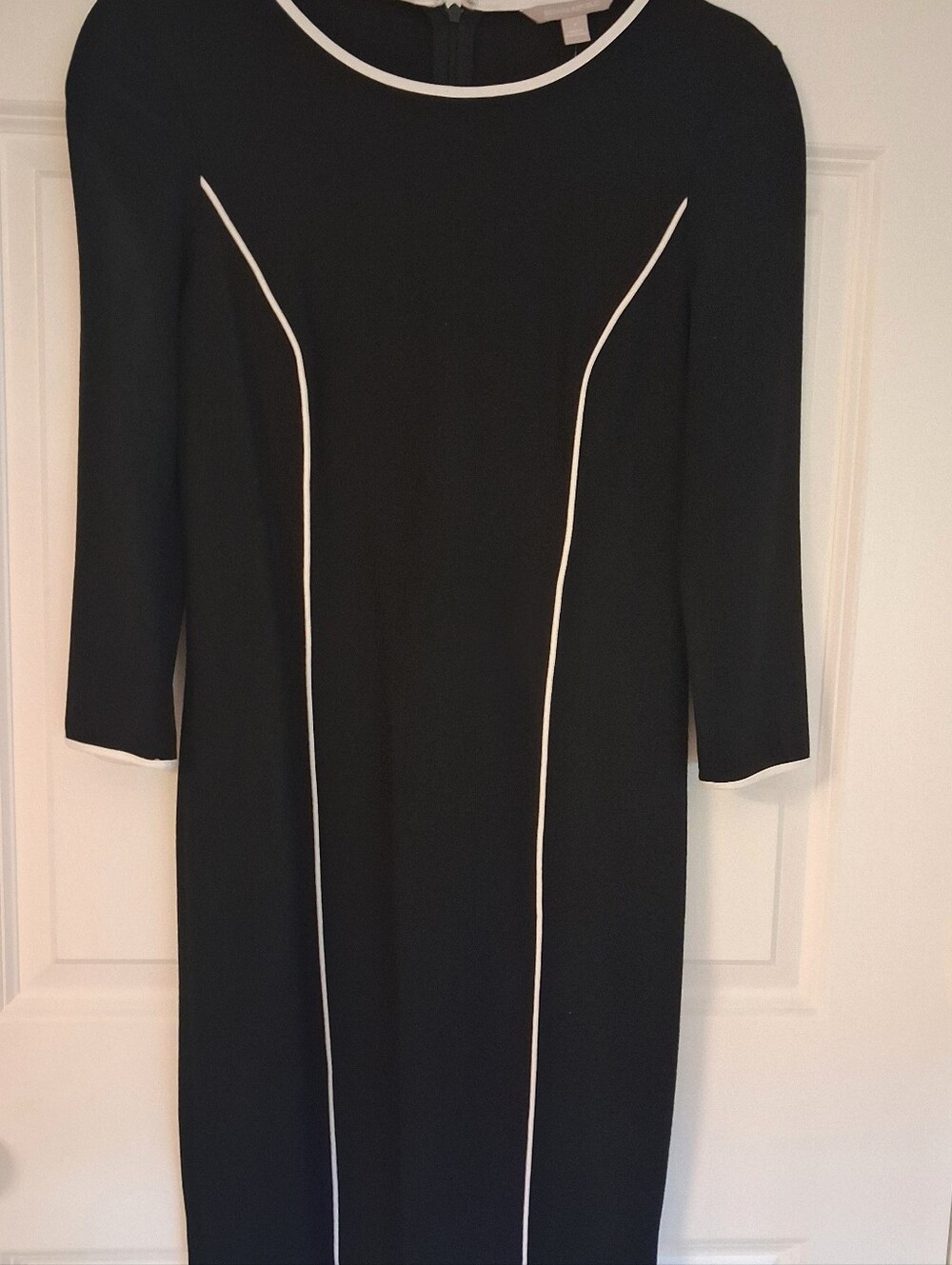 Banana Republic Classic Black Long-Sleeve Sheath Dress with Ivory Piping